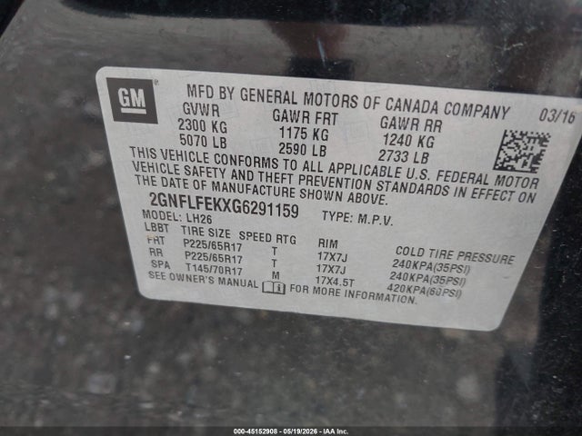 Продаж на аукціоні авто 2016 Chevrolet Equinox Lt, vin: 2GNFLFEKXG6291159, номер лоту: 45152908