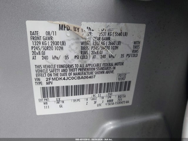 Aukcja sprzedaży 2012 Ford Edge Sel, vin: 2FMDK4JC0CBA06407, numer aukcji: 45152910