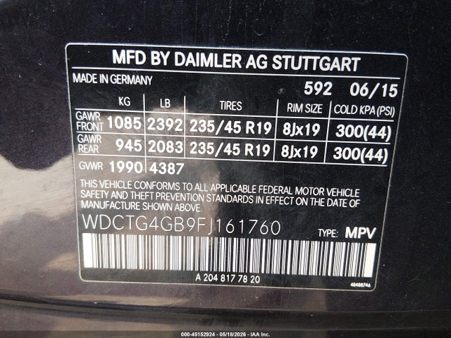 WDCTG4GB9FJ161760 Mercedes-Benz Gla 250 4matic