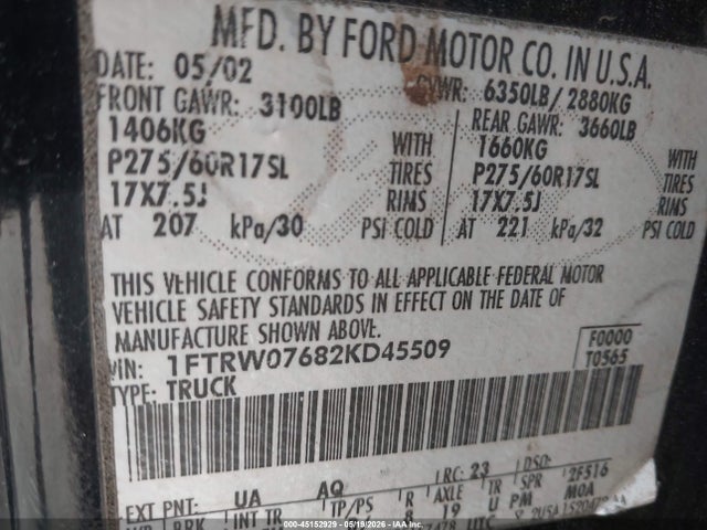 Aukcja sprzedaży 2002 Ford F-150 Lariat/xlt, vin: 1FTRW07682KD45509, numer aukcji: 45152929