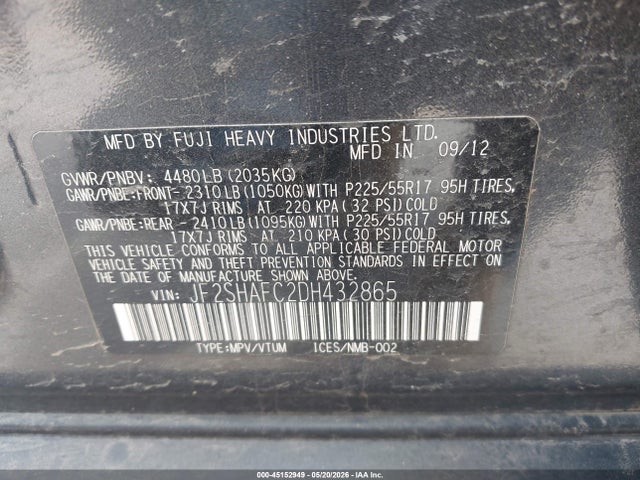 45152949 :رقم المزاد ، JF2SHAFC2DH432865 vin ، 2013 Subaru Forester 2.5x Limited مزاد بيع
