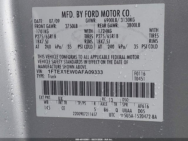 Продажа на аукционе авто 2010 Ford F-150 Stx, vin: 1FTEX1EW0AFA09333, номер лота: 45152951