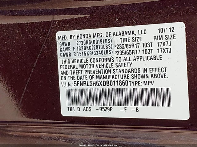 45152957 :رقم المزاد ، 5FNRL5H6XDB011860 vin ، 2013 Honda Odyssey Ex-l مزاد بيع
