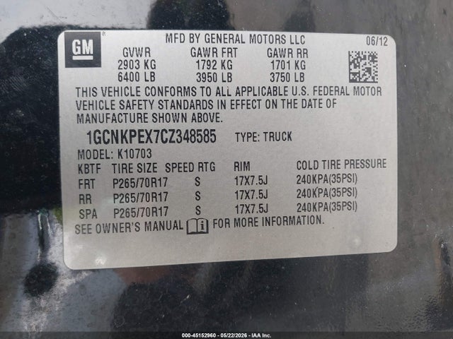 45152960 :رقم المزاد ، 1GCNKPEX7CZ348585 vin ، 2012 Chevrolet Silverado 1500 Work Truck مزاد بيع
