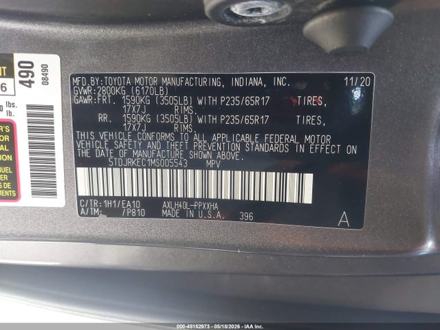 5TDJRKEC1MS005543 Toyota SIENNA XLE