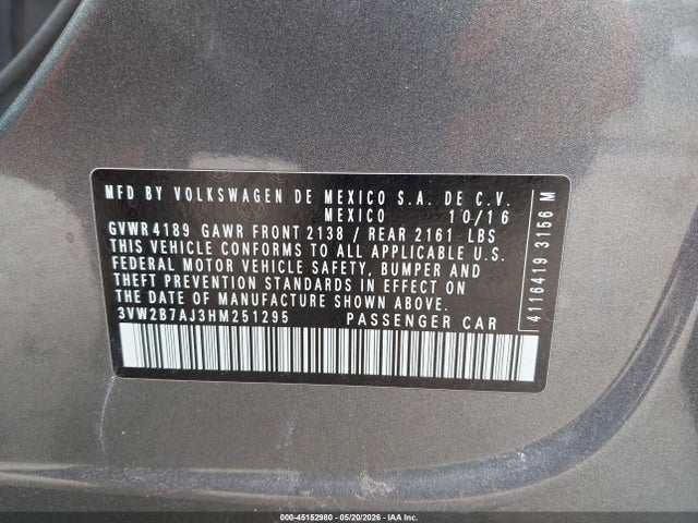 Aukcja sprzedaży 2017 Volkswagen Jetta 1.4t S, vin: 3VW2B7AJ3HM251295, numer aukcji: 45152980