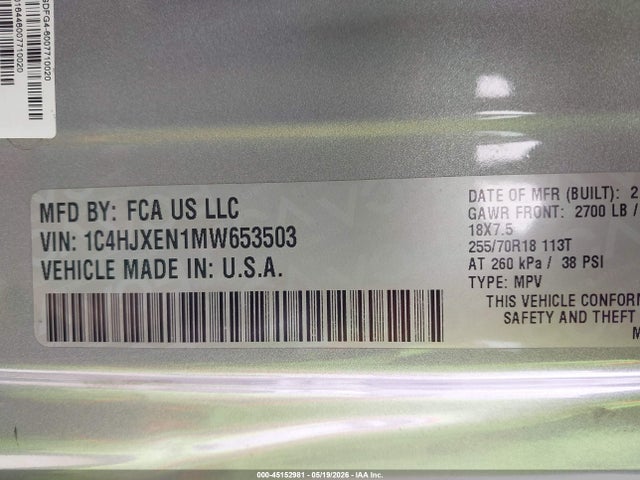 45152981 :رقم المزاد ، 1C4HJXEN1MW653503 vin ، 2021 Jeep Wrangler Unlimited Sahara 4x4 مزاد بيع