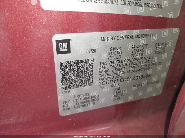 45152982 :رقم المزاد ، 1GCPYFED5LZ318508 vin ، 2020 Chevrolet Silverado 1500 4wd  Short Bed Lt Trail Boss مزاد بيع
