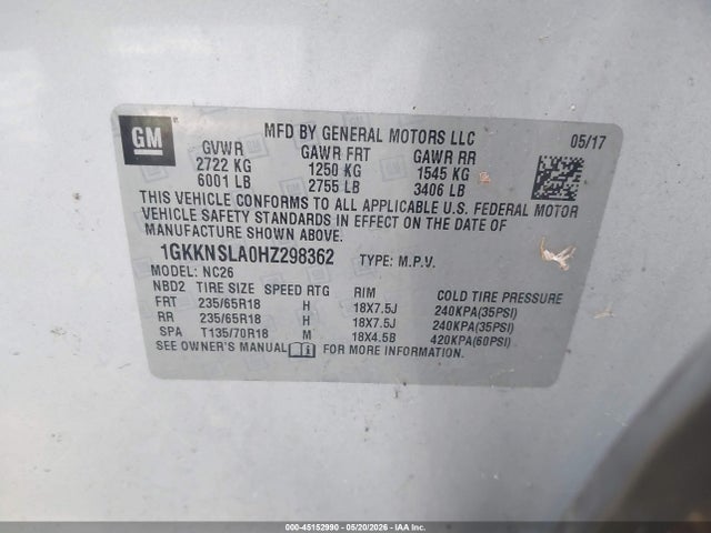 Aukcja sprzedaży 2017 Gmc Acadia Sle-2, vin: 1GKKNSLA0HZ298362, numer aukcji: 45152990