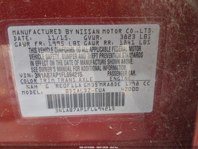 Aukcja sprzedaży 2015 Nissan Sentra Sv, vin: 3N1AB7AP1FL694215, numer aukcji: 45152999
