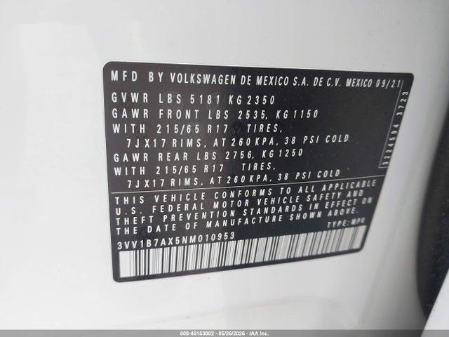 Aukcja sprzedaży 2022 Volkswagen Tiguan 2.0t S, vin: 3VV1B7AX5NM010953, numer aukcji: 45153002