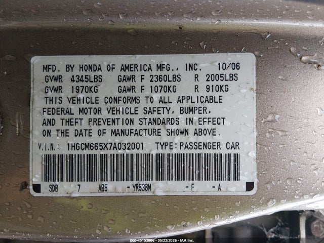 Aukcja sprzedaży 2007 Honda Accord 3.0 Ex, vin: 1HGCM665X7A032001, numer aukcji: 45153006