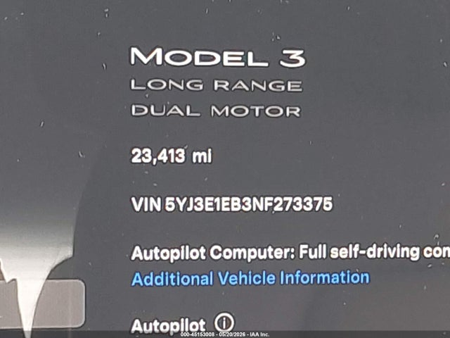 Aukcja sprzedaży 2022 Tesla Model 3 Long Range Dual Motor All-wheel Drive, vin: 5YJ3E1EB3NF273375, numer aukcji: 45153008