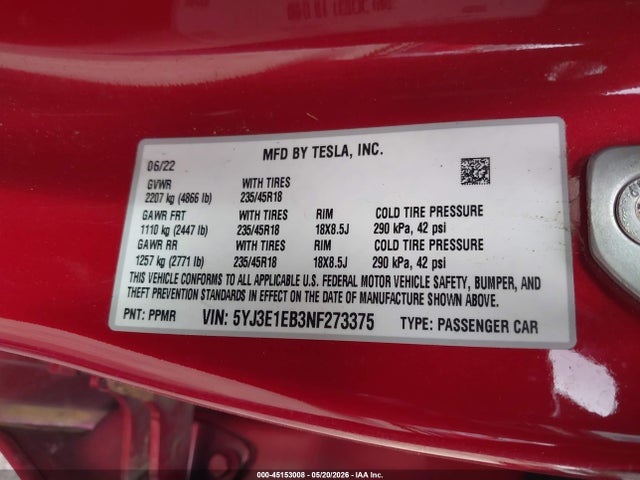 Aukcja sprzedaży 2022 Tesla Model 3 Long Range Dual Motor All-wheel Drive, vin: 5YJ3E1EB3NF273375, numer aukcji: 45153008