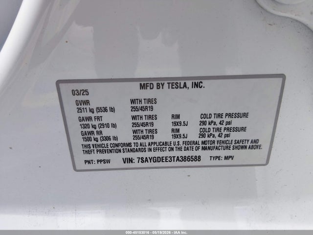 45153016 :رقم المزاد ، 7SAYGDEE3TA386588 vin ، 2026 Tesla Model Y All-wheel Drive/long Range Launch Series/premium All-wheel Drive مزاد بيع