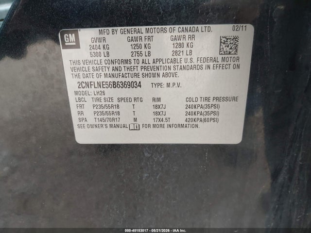 45153017 :رقم المزاد ، 2CNFLNE56B6369034 vin ، 2011 Chevrolet Equinox 2lt مزاد بيع