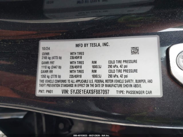 2025 Tesla Model 3 Long Range Rear-wheel Drive/standard Rear-wheel Drive მანქანა იყიდება აუქციონზე, vin: 5YJ3E1EAXSF887097, აუქციონის ნომერი: 45153023