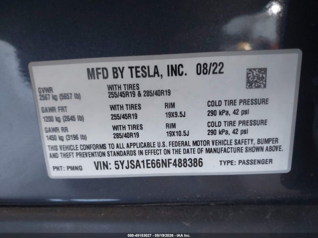 Tesla Model S Plaid 2022 5YJSA1E66NF488386 Image 9