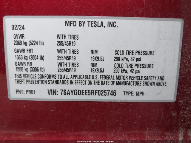 Продажа на аукционе авто 2024 Tesla Model Y Long Range Dual Motor All-wheel Drive, vin: 7SAYGDEE5RF025746, номер лота: 45153031