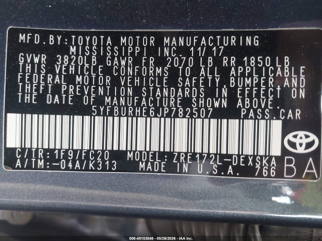 45153046 :رقم المزاد ، 5YFBURHE6JP782507 vin ، 2018 Toyota Corolla Se مزاد بيع