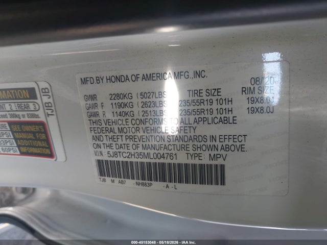 45153048 :رقم المزاد ، 5J8TC2H35ML004761 vin ، 2021 Acura Rdx Standard مزاد بيع