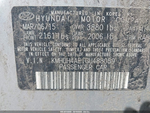 Aukcja sprzedaży 2016 Hyundai Elantra Se, vin: KMHDH4AE1GU488059, numer aukcji: 45153050