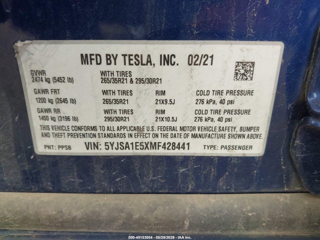Aukcja sprzedaży 2021 Tesla Model S Long Range Dual Motor All-wheel Drive, vin: 5YJSA1E5XMF428441, numer aukcji: 45153054