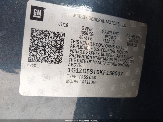45153056 :رقم المزاد ، 1G1ZD5ST0KF158007 vin ، 2019 Chevrolet Malibu Lt مزاد بيع