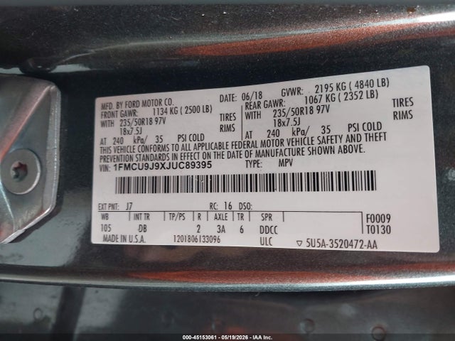 Продаж на аукціоні авто 2018 Ford Escape Titanium, vin: 1FMCU9J9XJUC89395, номер лоту: 45153061