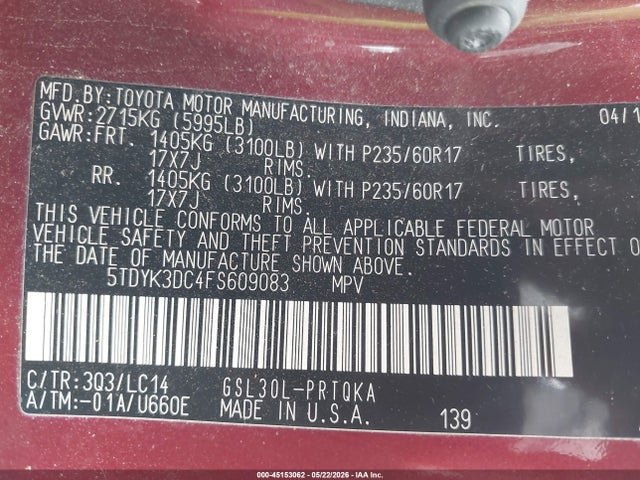 Продаж на аукціоні авто 2015 Toyota Sienna Xle 8 Passenger, vin: 5TDYK3DC4FS609083, номер лоту: 45153062