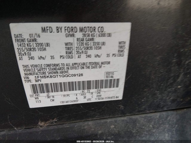 1FM5K8GT1GGC09128 Ford EXPLORER SPORT