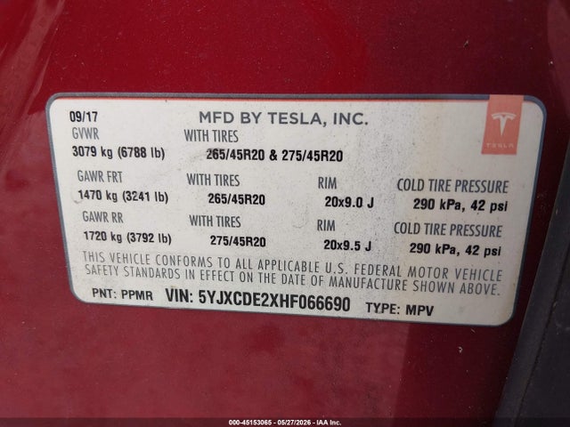 Aukcja sprzedaży 2017 Tesla Model X, vin: 5YJXCDE2XHF066690, numer aukcji: 45153065