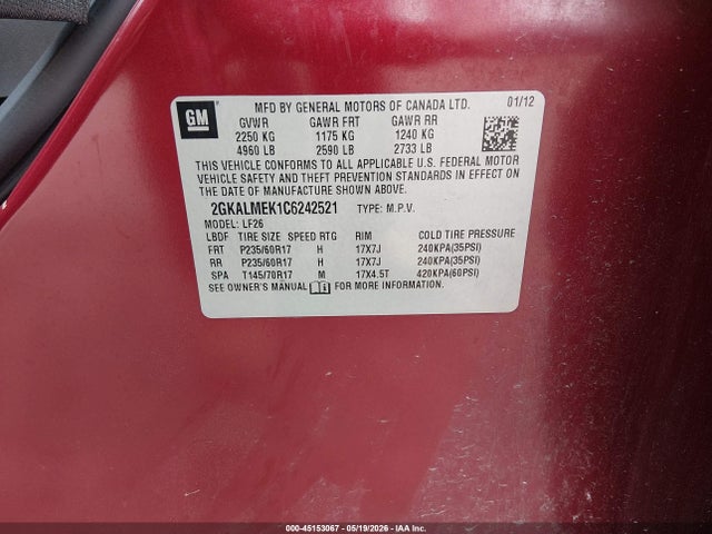 45153067 :رقم المزاد ، 2GKALMEK1C6242521 vin ، 2012 Gmc Terrain Sle-1 مزاد بيع