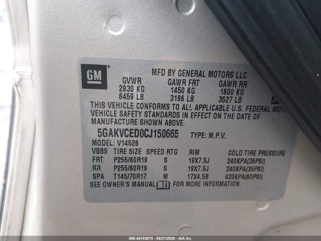 45153070 :رقم المزاد ، 5GAKVCED0CJ150665 vin ، 2012 Buick Enclave Leather مزاد بيع