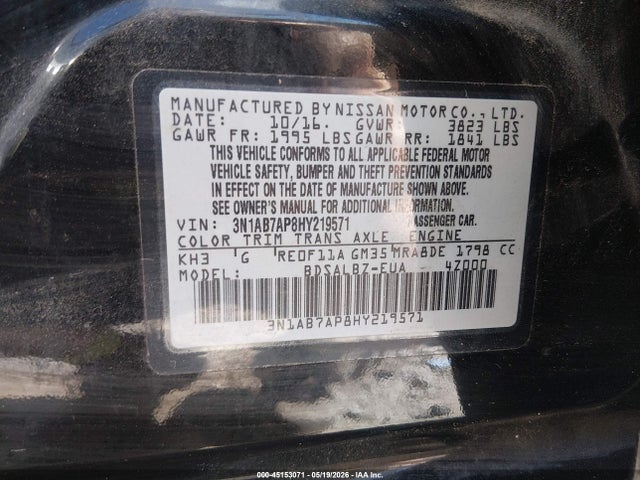 Продажа на аукционе авто 2017 Nissan Sentra S, vin: 3N1AB7AP8HY219571, номер лота: 45153071