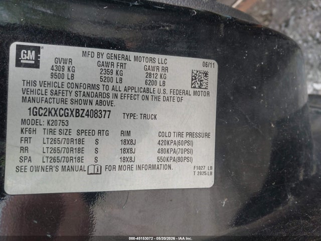 45153072 :رقم المزاد ، 1GC2KXCGXBZ408377 vin ، 2011 Chevrolet Silverado 2500hd Lt مزاد بيع