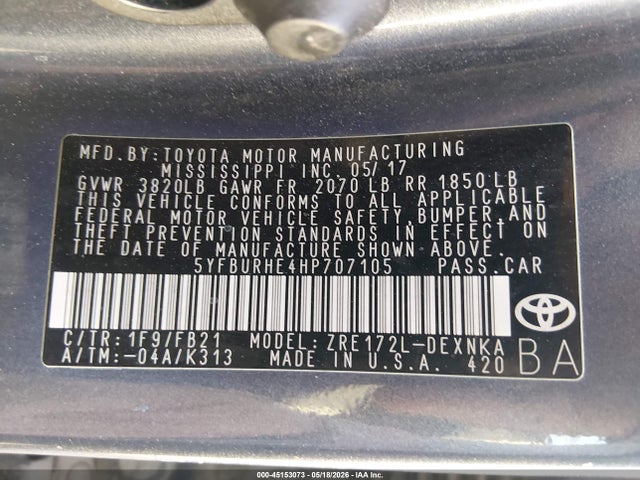 Aukcja sprzedaży 2017 Toyota Corolla Le, vin: 5YFBURHE4HP707105, numer aukcji: 45153073
