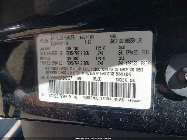 2002 Dodge Ram 1500 St მანქანა იყიდება აუქციონზე, vin: 3D7HA18N22G182567, აუქციონის ნომერი: 45153075