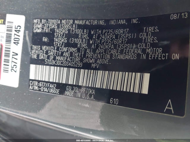 Продажа на аукционе авто 2013 Toyota Sienna L V6 7 Passenger, vin: 5TDZK3DC2DS405299, номер лота: 45153085