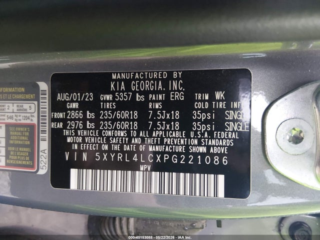 Aukcja sprzedaży 2023 Kia Sorento S, vin: 5XYRL4LCXPG221086, numer aukcji: 45153088