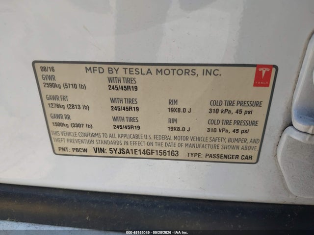 Продаж на аукціоні авто 2016 Tesla Model S 60/70/75/85, vin: 5YJSA1E14GF156163, номер лоту: 45153089