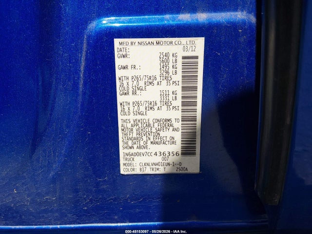 Продажа на аукционе авто 2012 Nissan Frontier Pro-4x, vin: 1N6AD0EV7CC436356, номер лота: 45153097