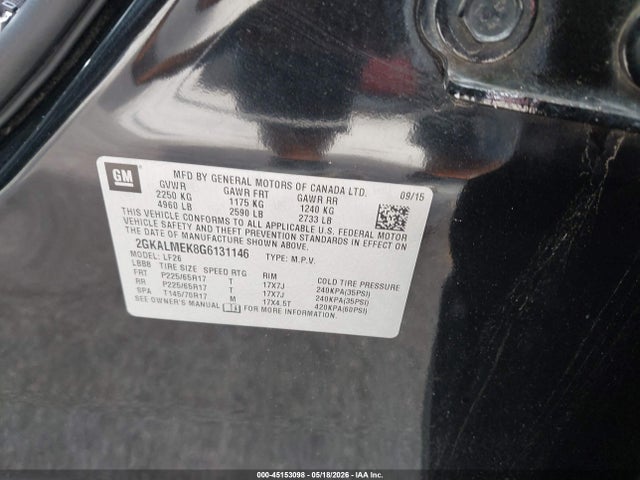 Aukcja sprzedaży 2016 Gmc Terrain Sle-1, vin: 2GKALMEK8G6131146, numer aukcji: 45153098