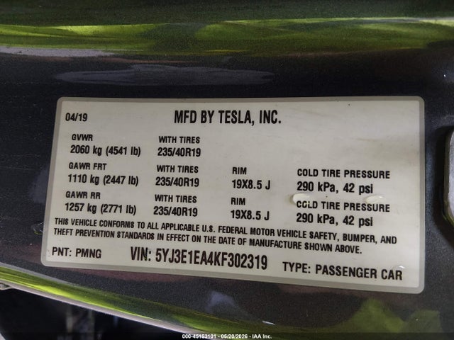 Aukcja sprzedaży 2019 Tesla Model 3 Long Range/mid Range/standard Range/standard Range Plus, vin: 5YJ3E1EA4KF302319, numer aukcji: 45153101