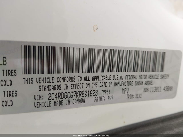 Aukcja sprzedaży 2019 Dodge Grand Caravan Sxt, vin: 2C4RDGCG7KR601623, numer aukcji: 45153105