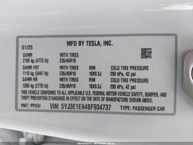 Aukcja sprzedaży 2025 Tesla Model 3 Long Range Rear-wheel Drive/standard Rear-wheel Drive, vin: 5YJ3E1EA4SF934737, numer aukcji: 45153111