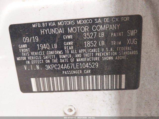45153113 :رقم المزاد ، 3KPC24A67LE104529 vin ، 2020 Hyundai Accent Sel مزاد بيع