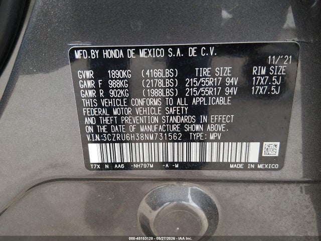 3CZRU6H38NM731562 Honda Hr-v Awd Lx