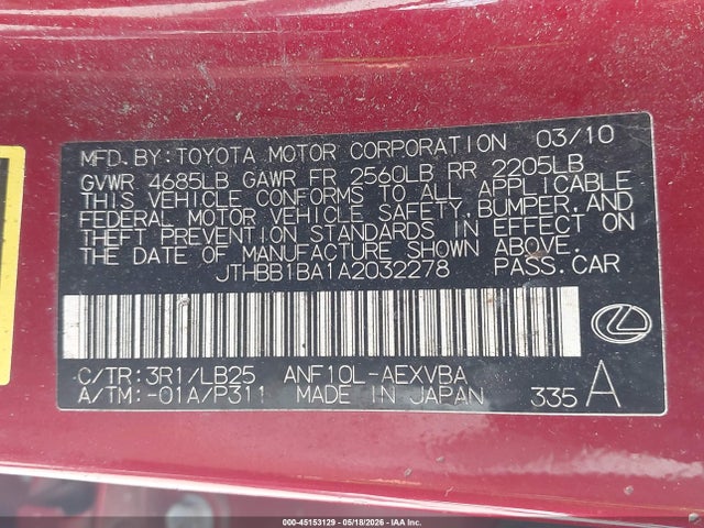 45153129 :رقم المزاد ، JTHBB1BA1A2032278 vin ، 2010 Lexus Hs 250h مزاد بيع
