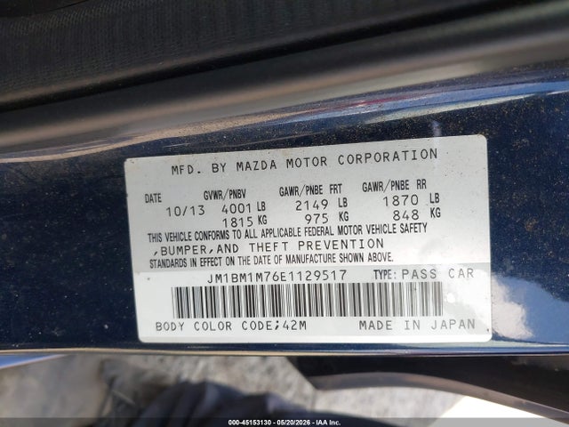 2014 Mazda Mazda3 I Grand Touring მანქანა იყიდება აუქციონზე, vin: JM1BM1M76E1129517, აუქციონის ნომერი: 45153130